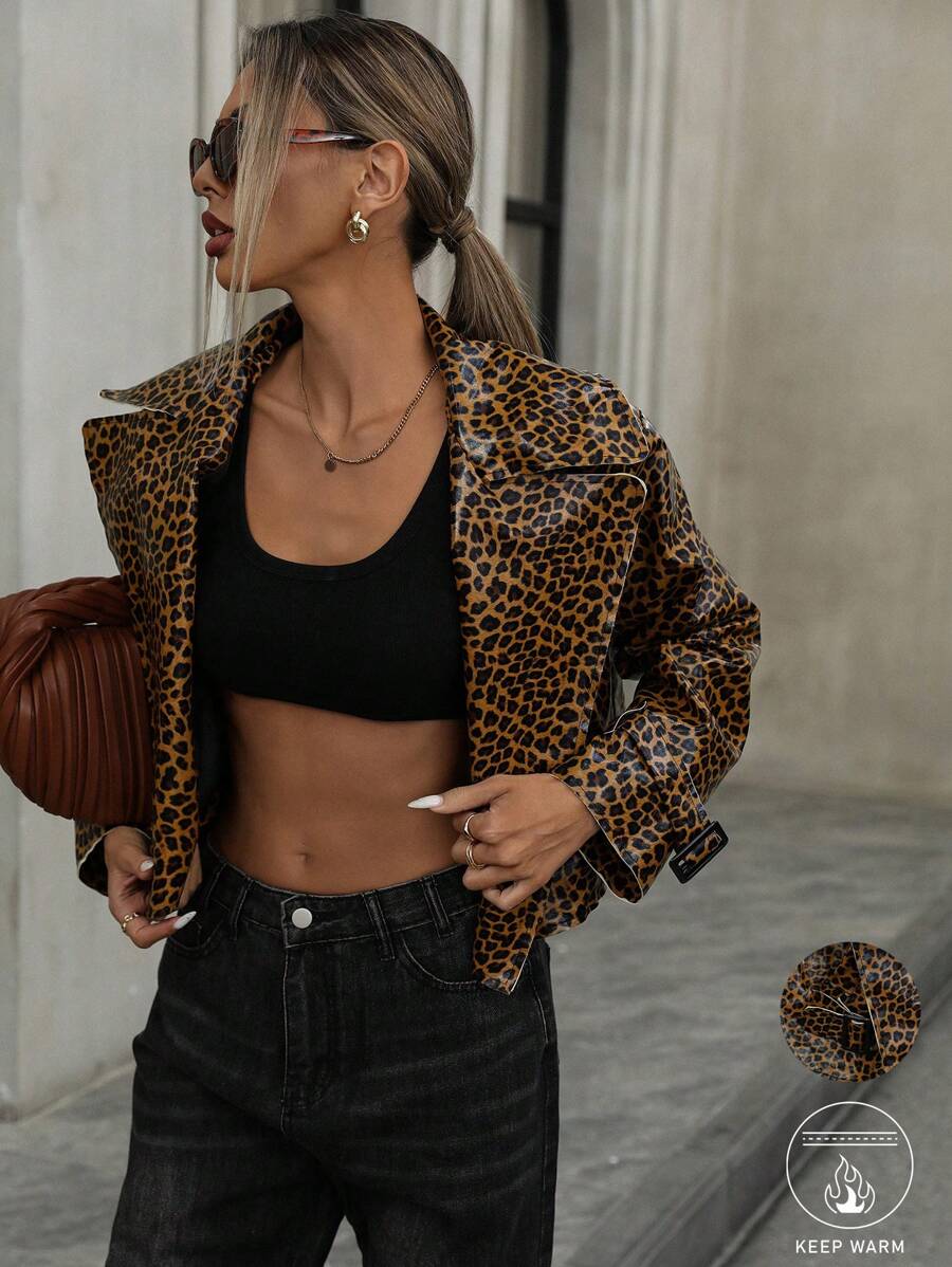 Aveloria Slim Fit Biker Style Random Leopard Print PU Leather Jacket - Black - View 1