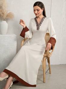 Al Najma 1 件女式优雅花卉刺绣腰部荷叶边连衣裙，秋季，端庄优雅的长款 Jalabiya 长袖阿拉伯连衣裙，适合休闲日常 - 杏色 - 查看 6