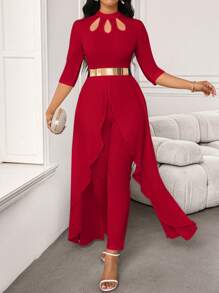 女式白色优雅花瓣镂空设计中袖不对称下摆连体裤 - 紅色 - 查看 5