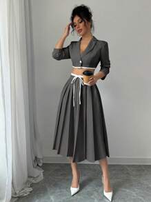 Elenzga 女式拼色翻领长袖短款夹克和褶皱长裙套装，秋季 - 彩色 - 查看 3