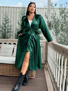 Flirla Plus Size Women Fashion Street Style Solid Color PU Leather Lapel Collar Slanted Pockets Belted Long Trench Coat