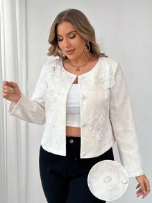 Flirla Áo khoác nữ cỡ lớn mùa thu thanh lịch với họa tiết trang trí 3D và thiết kế một hàng khuy - trắng - Xem 1