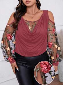 SHEIN Clasi 大码女式休闲插肩袖撞色网眼褶裥衬衫，灯笼袖镂空肩套头衫，情人节