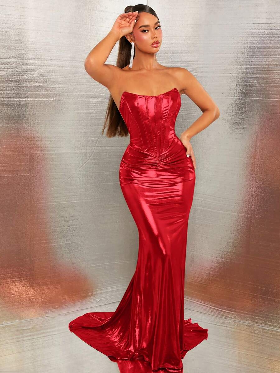 SHEIN SXY Prom Dress;Women Corset Detail Ultra Long Dress Stylish Elegant Temperamental - Red - View 1