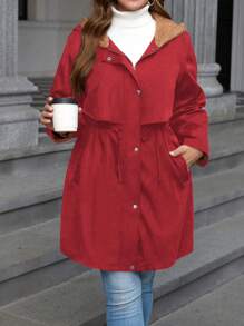SHEIN LUNE Chaqueta con capucha gruesa para mujer talla grande, de manga larga, con cordón en la cintura, unicolor, para Año Nuevo