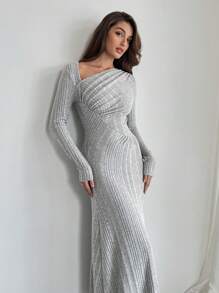 SHEIN Privé Women Elegant Warm Asymmetrical Ruffled Collar And Hem Textured Knit Long Dress ,Solid Color  Casual For Everyday Wear,Autumn&Winter