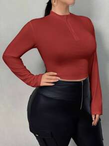 SHEIN SXY 春夏高领半拉链短款白色长袖T恤 - 紅色 - 查看 7