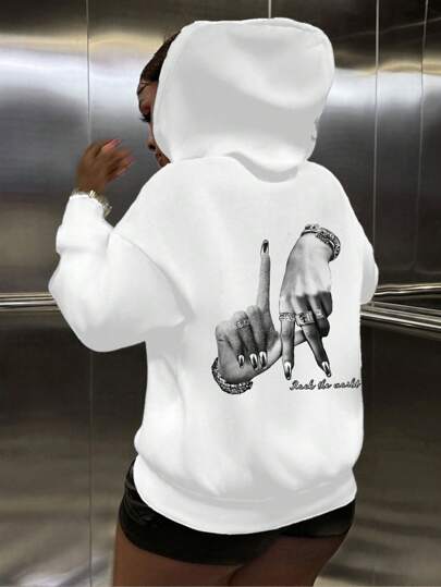 Slaydiva LA Casual Hand Graphic Print Loose Fitted Thick Hoodie Sweatshirt For Women, Autumn/Winter