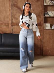 SHEIN EZwear 女士休闲破洞口袋撞色牛仔裤，百搭 - 藍色 - 查看 5