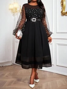 SHEIN Lady Váy midi lưới dài tay cổ tròn xòe màu đen thanh lịch cho mùa xuân và mùa thu và mùa đông - màu đen - Xem 1