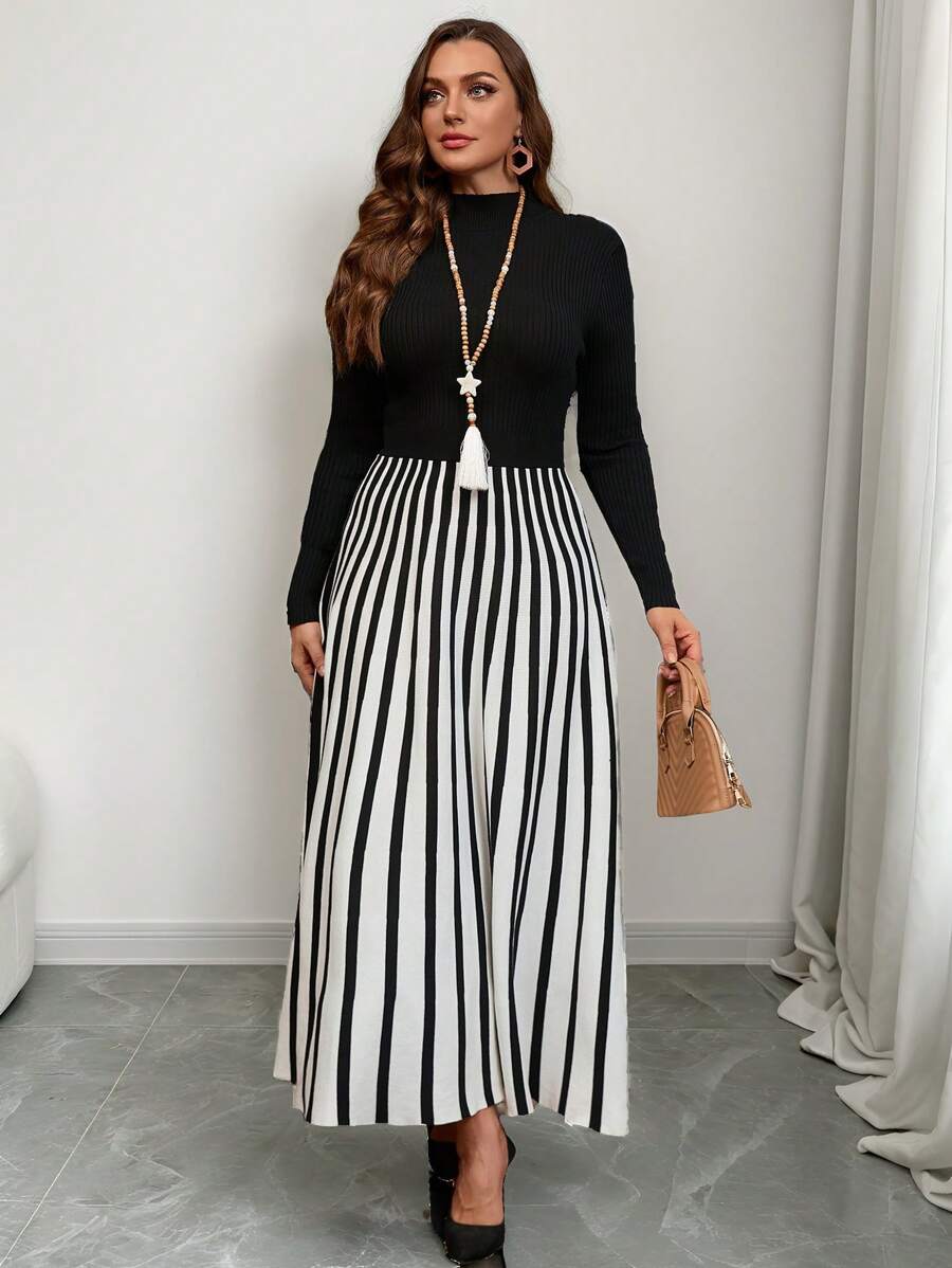 SHEIN Clasi 大码纯色拼接立领长袖简约休闲长款毛衣连衣裙，适合冬季