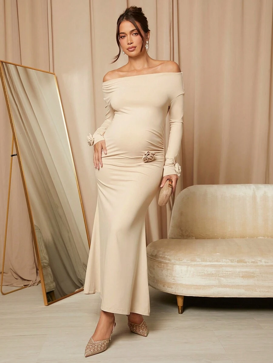 MaterniChic Women's Autumn/Winter Solid Color Asymmetric Shoulder Rose Knot Fishtail Bodycon Party Dress, Maternity Formal Gown, Party Wear