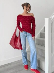 SHEIN Essnce Holiday Christmas Tshirt Burgundy Red One-Shoulder Plush Multi-Layered Knitted Long-Sleeved Asymmetric T-Shirt Women's Wavy Striped Jacquard Off-Shoulder Long-Sleeved Asymmetric Hem Fitted Fashionable T-Shirt - Red - View 5