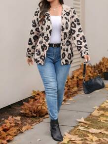 SHEIN LUNE 大码女式豹纹连帽前拉链腰部抽绳夹克，秋季，休闲日常穿着，感恩节装扮节日装扮