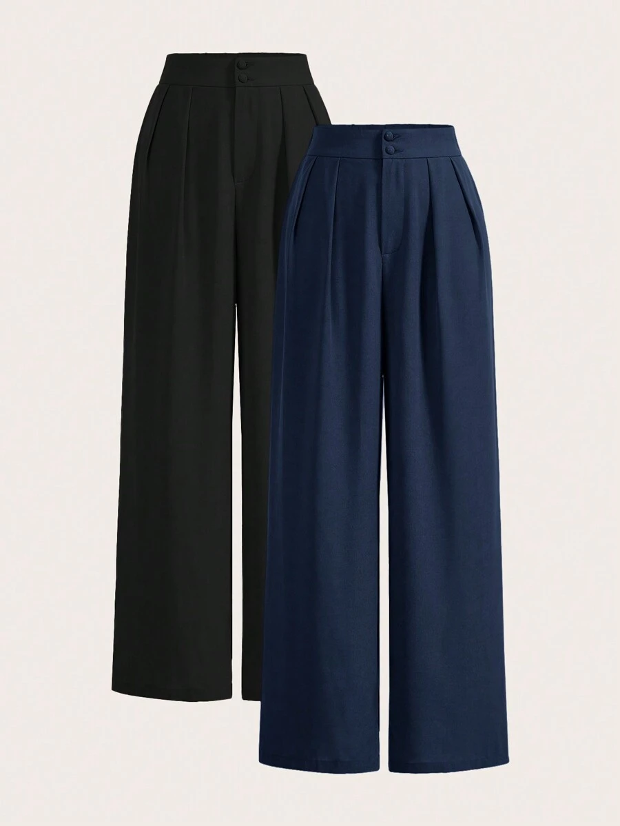 Poéselle Summer High-Waisted Pants Multi-Piece Set, Wide Leg Pants High Waist Fold Pleated Wide Leg Pants, Loose Fit, Long Pants - Navy Blue - View 1