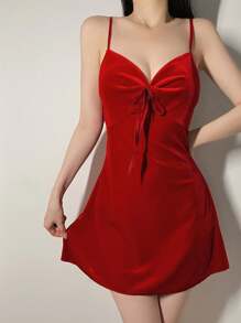 SilkySpell Solid Color Velvet Camisole Sleep Dress With Front Pleated Twisted Design, For Fall Winter, Christmas - Burgundy - View 4