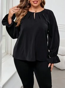 SHEIN Clasi 大码女式弹力荷叶边袖口和领口镂空衬衫，优雅适合日常、商务和休闲，秋冬 - 黑色 - 查看 4