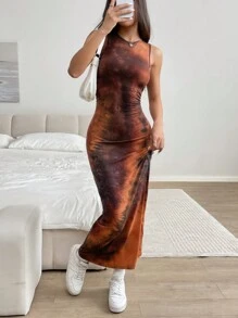 SHEIN EZwear 女式修身夏季花卉印花吊带紧身长裙 - 棕色 - 查看 3