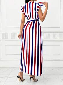 Lunelith SHEIN Lunessa 女士 V 领收腰摇摆连衣裙、蝴蝶袖腰带、黑白竖条纹连衣裙长款女装 - 彩色 - 查看 2