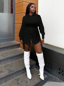 Slaydiva Casual White Loose Long Sleeve Shirt Dress And Black Tie Up Vest Top Set