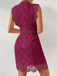 SHEIN Clasi 1pc Solid Color Stand Collar Lace Patchwork Fitted Sleeveless Dress