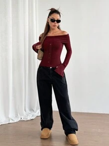 Flirla 1pc Sexy Off Shoulder Special Button Highly Colorful Knit Sweater