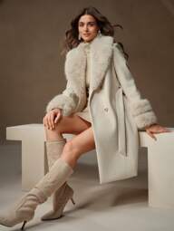 Anewsta Fluffig krage Tjock varm lång bältad stickad