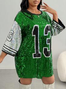 SHEIN SXY Áo thun in số cỡ lớn cho nữ có đính sequin, áo dự tiệc cổ tròn - Màu xanh lá cây đậm - Xem 6