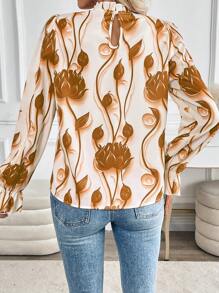 SHEIN Clasi 女式优雅花卉印花荷叶边袖衬衫，秋季 - 卡其色 - 查看 2