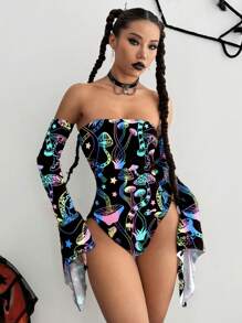 Flirla Body con mangas abullonadas y hombros descubiertos con efecto reflectante iridiscente para mujer