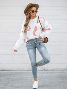 Wildy Christmas Sweater ,Women's Casual Western Boot Pattern Sweater,Long Sleeve Tops In Fall/Winter - White - View 3