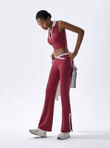 VARSITIE Leggings sport pentru femei, cu margine contrastantă, încrucișată în talie - Roz - Vizualizare 3