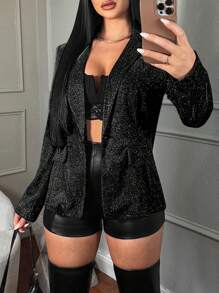SHEIN SXY Women's Solid Color Single Button Elegant Long Sleeve Blazer In Fall/Winter - Black - View 6