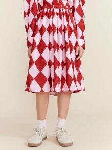 SHEIN Tween Girl Plaid Print Elastic Waist A-Line Skirt, Casual For Autumn/Winter, Christmas, New Year - Red - View 1