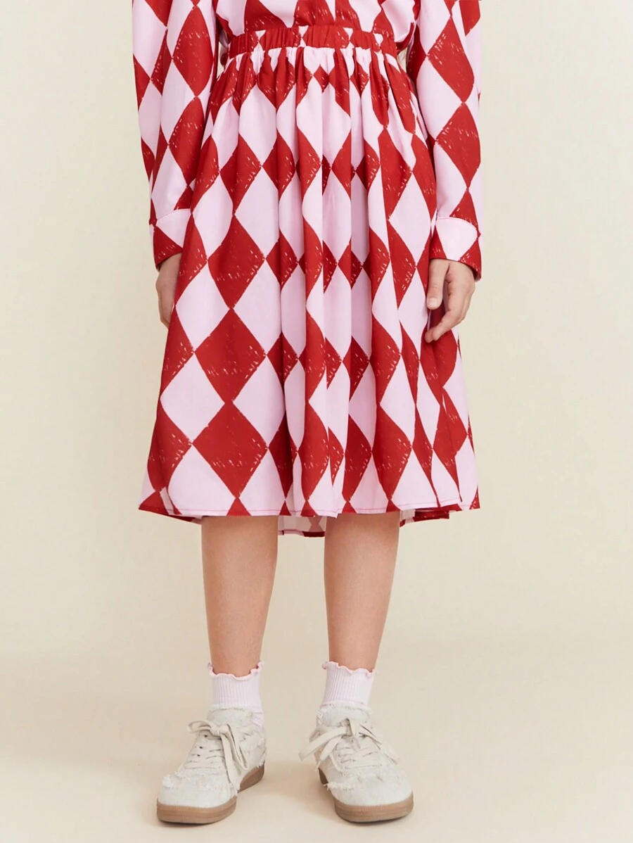 SHEIN Tween Girl Plaid Print Elastic Waist A-Line Skirt, Casual For Autumn/Winter, Christmas, New Year - Red - View 1