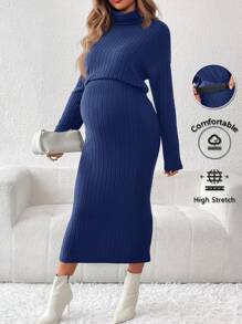 SHEIN 孕妇两件套：纯色高领罗纹长袖上衣和裙子 - 藍色 - 查看 1