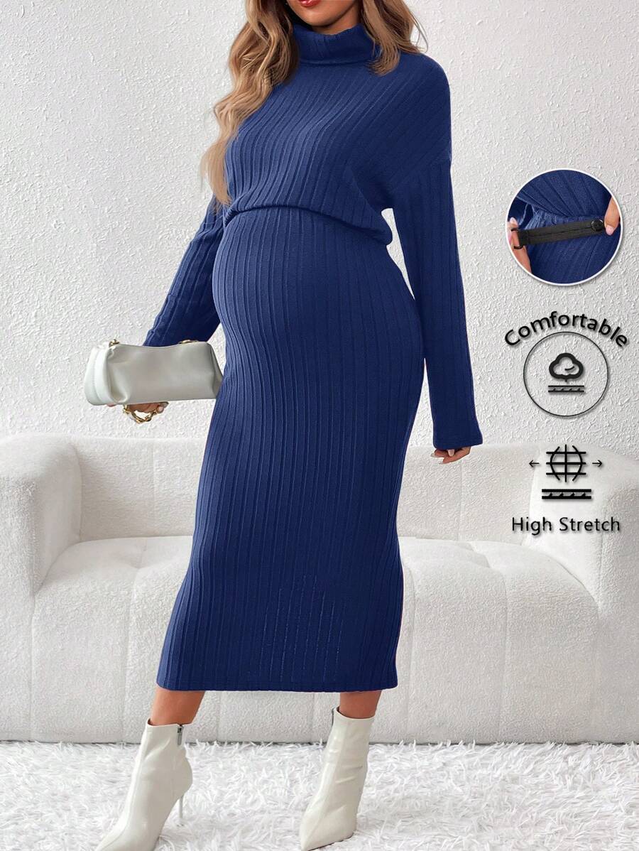 SHEIN 孕妇两件套：纯色高领罗纹长袖上衣和裙子 - 藍色 - 查看 1