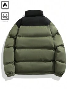 Manfinity Homme Plus Size Men's Casual Colorblock Long Sleeve Zip Front Padded Coat, Winter Going Out Bubble Coat Green Winter Coat, For Friends, Husband, Boyfriend Gifts - Multicolor - View 2