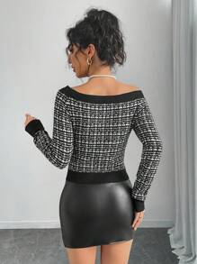 Chiquease Nuevas llegadas Otoño/Invierno Suéter de mujer de manga larga, ajustado, sexy, con diseño a la moda de cuadros y hombros descubiertos