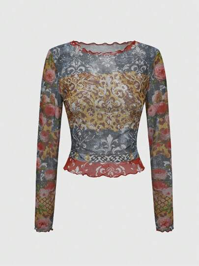 Grunge Punk Women Casual Floral Print Round Neck Long Sleeve Blouse, Suitable For Autumn
