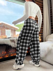 SHEIN EZwear Plus Size Plaid Print Elastic Waist Casual Jogger Sweatpants - Black - View 2