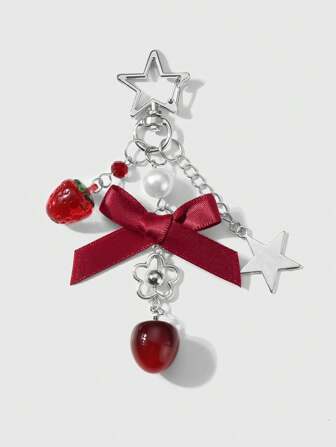 Kawaii 1pc Minimalist Sweet & Delicate Korean Style Silver Hollow Star Chain Flower, Faux Pearl Bow, Strawberry & Cherry Pendant Key Chain, Suitable For Women, Christmas Bag Decoration Accessory, Daily Wear & Gifts