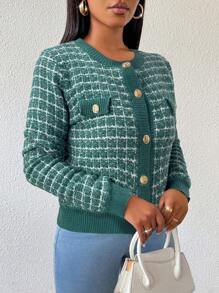 SHEIN Lady 秋冬开衫毛衣女装秋季女装秋季女装秋装简约工作办公室优雅办公装女教师服毛衣圆领拼色金属纽扣女士开衫 - 綠色 - 查看 3