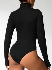 Easithlete 女士纯色弹力立领修身长袖无缝连体裤 - 黑色 - 查看 7