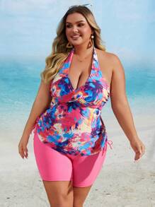 Swim Lushoire Plus Size Estampa Aleatória Halter Neck Shorts E Regata Conjunto De Biquíni Verão