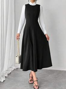 Calvaya Sleeveless Round Neck Waisted A-Line Casual Midi Dress, Versatile Daily Wear Maxi Women Outfit