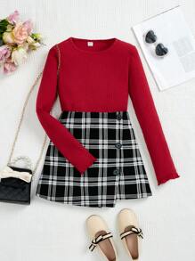 SHEIN Niña preadolescente - Camiseta de manga larga de un solo color rojo con acabado de lechuga y falda pantalón a cuadros negros con detalle de botones, para otoño e invierno, excelente para uso casual diario y escolar en otoño e invierno, para Navidad