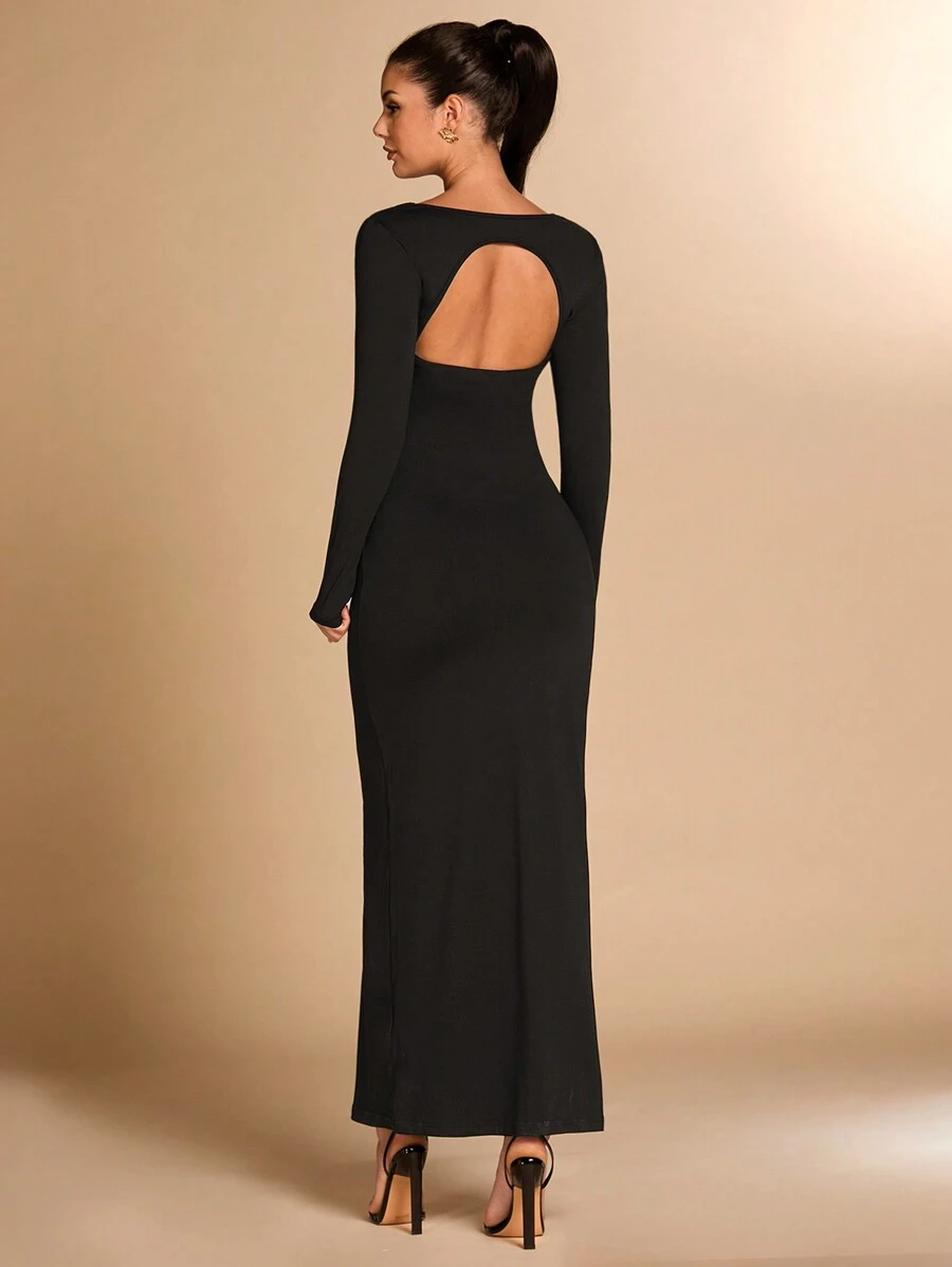 SHEIN BAE Robe de soirée simple à encolure en V polyvalente pour les sorties, robe de gala maxi dos nu en forme de sirène. Convient pour les fêtes d'Halloween et le port quotidien