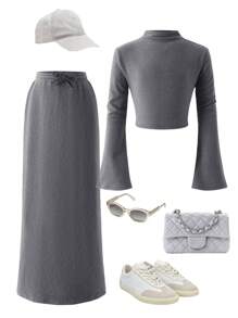 Bộ 2 món/bộ áo crop top tay dài màu trơn đơn giản cho bé gái tuổi mới lớn và chân váy maxi bó sát - Màu xám đen - Xem 2