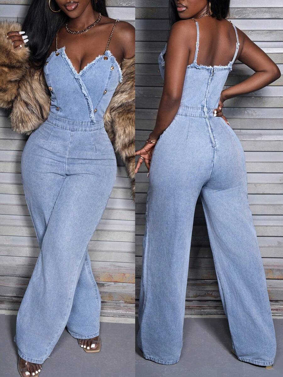 Slaydiva Women's Patchwork Raw Edge Eyelet Decor Fashionable Denim Jumpsuit - Light Wash - View 1